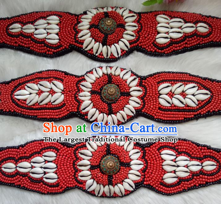 Chinese Zang Nationality Red Beads Shell Belts Handmade Traditional Tibetan Ethnic Waistband Accessories for Women