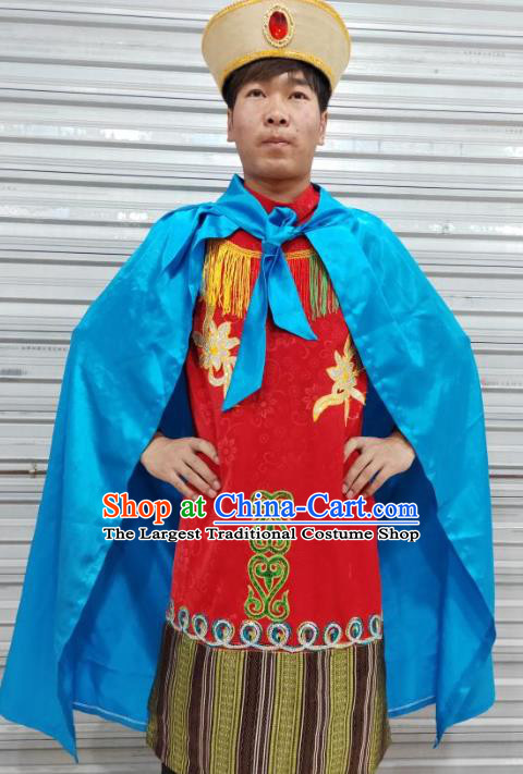 Chinese Zang Nationality Folk Dance Red Costumes Traditional Tibetan Ethnic Clothing for Men