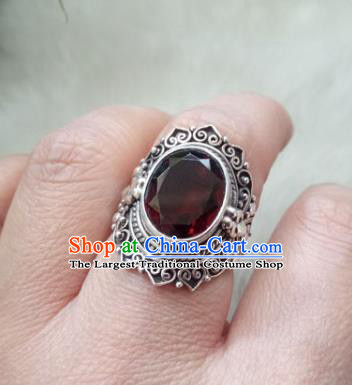 Chinese Zang Nationality Wine Red Crystal Rings Handmade Traditional Tibetan Ethnic Jewelry Accessories for Women