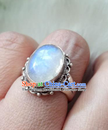 Chinese Zang Nationality Moonstone Silver Rings Handmade Traditional Tibetan Ethnic Jewelry Accessories for Women