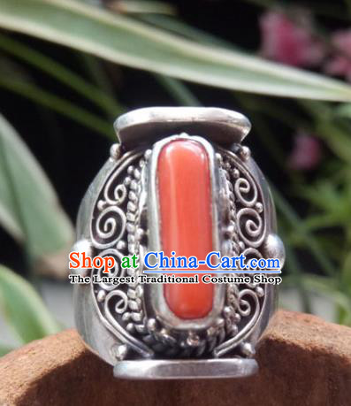 Chinese Zang Nationality Red Coral Silver Rings Handmade Traditional Tibetan Ethnic Jewelry Accessories for Women