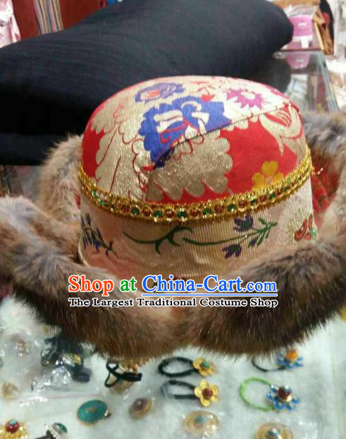 Handmade Chinese Zang Nationality Red Hat Traditional Tibetan Ethnic Hair Accessories for Men