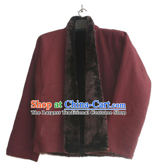 Chinese Tibetan Buddhism Purplish Red Jacket Traditional Monk Upper Outer Garment for Men