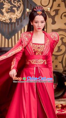 Chinese Ancient Wedding Red Hanfu Dress Drama Devastating Beauty Costume and Headpiece for Women