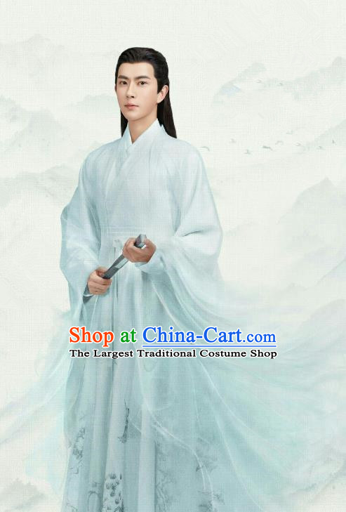 Chinese Ancient Noble Prince Jing Ci Blue Clothing Historical Drama The Love Lasts Two Minds Costume and Headpiece for Men