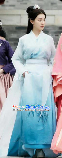 Drama Colourful Bone Chinese Ancient Female Swordsman Jing Shu Blue Dress Costume and Headpiece for Women