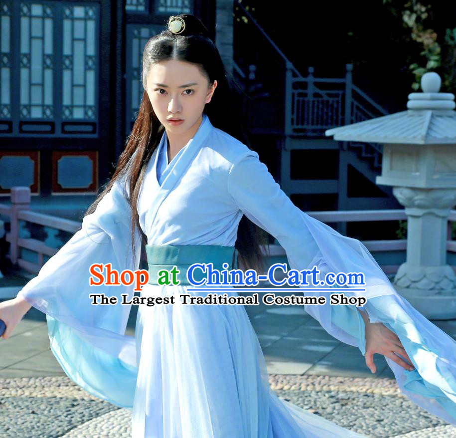 Drama Xia Tan Jian Bu Zhi Chinese Ancient Female Slayer Zhan Shiqi Blue Dress Costume and Headpiece for Women