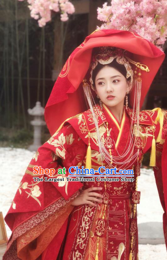 Chinese Historical Drama The Eternal Love Ancient Court Princess Qu Tan Er Wedding Costume and Headpiece for Women