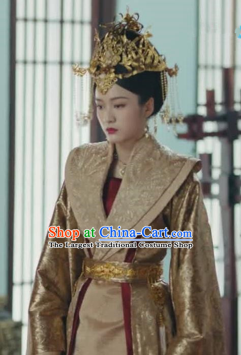 Chinese Ancient Queen Rong Le Golden Historical Drama Princess Silver Costume and Headpiece for Women