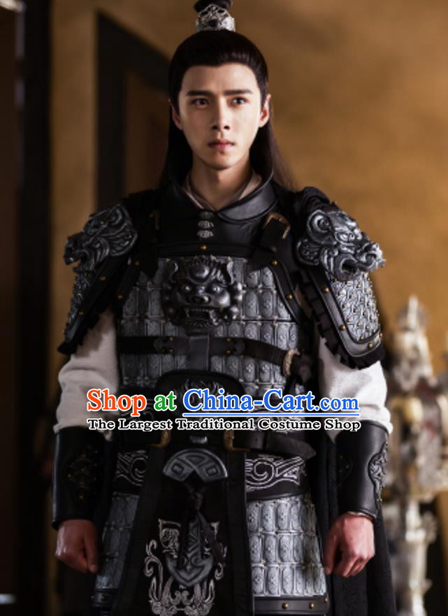 Chinese Drama The Love By Hypnotic Ancient General Li Qian Armor Historical Costume and Headwear for Men