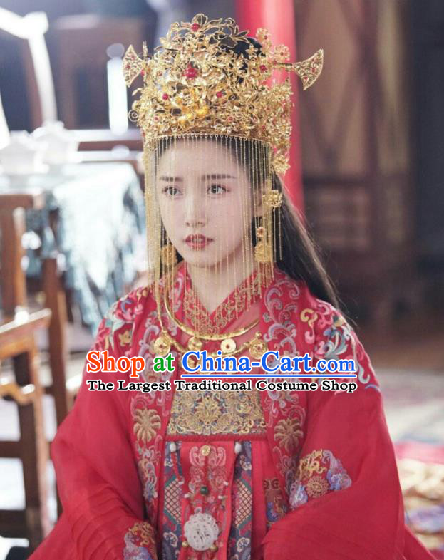 Chinese Ancient Prince Yu Shengyou Wedding Hanfu Dress Historical Drama Lovely Swords Girl Costume and Headpiece for Women