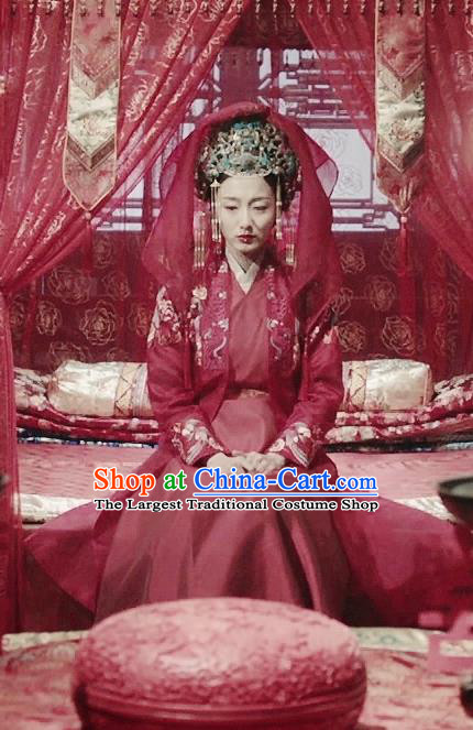 Chinese Ancient Ming Dynasty Wedding Red Dress Drama Under the Power Shangguan Xi Costume and Headpiece for Women