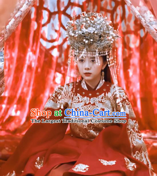 Chinese Ancient Ming Dynasty Bride Wedding Red Dress Drama Under the Power Yuan Jinxia Costume and Headpiece for Women