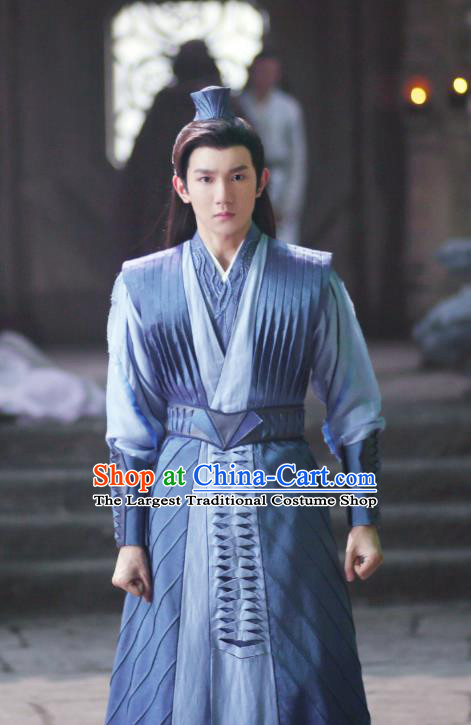 Drama The Great Ruler Chinese Ancient Swordsman Mu Chen Blue Costume and Headpiece Complete Set