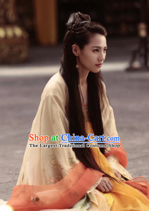 Chinese Ancient Tang Dynasty Infanta Ming Hui Apricot Dress Historical Drama An Oriental Odyssey Costume and Headpiece for Women