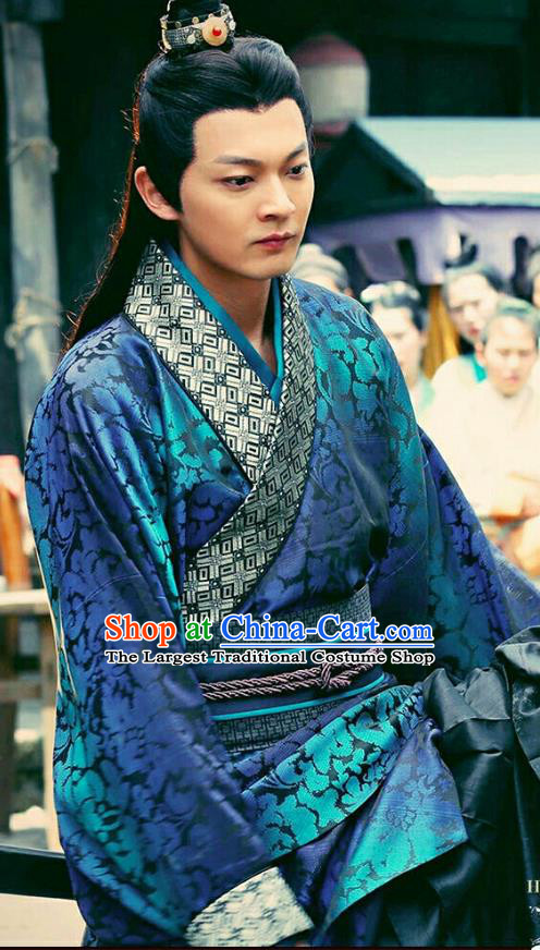 Drama Hero Dream Chinese Ancient Han Dynasty Swordsman Jia Sidao Costume and Headpiece Complete Set