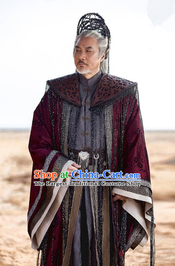 Drama The Legend of Jade Sword Chinese Ancient Taoist Priest Xuan Ji Purplish Red Costume and Headpiece Complete Set