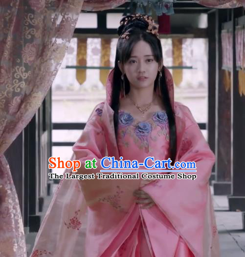 Chinese Ancient Princess Consort Lin Luojing Pink Dress Historical Drama Jueshi Qianjin Costume and Headpiece for Women