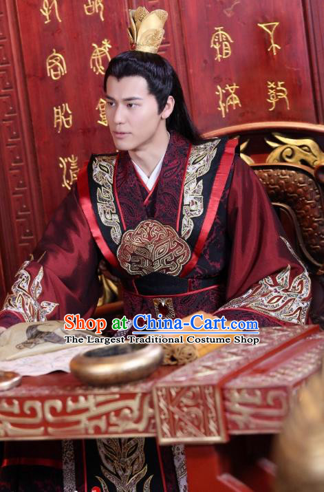 Drama Men with Sword Chinese Ancient Monarch King Qi Kun Costume and Headpiece Complete Set