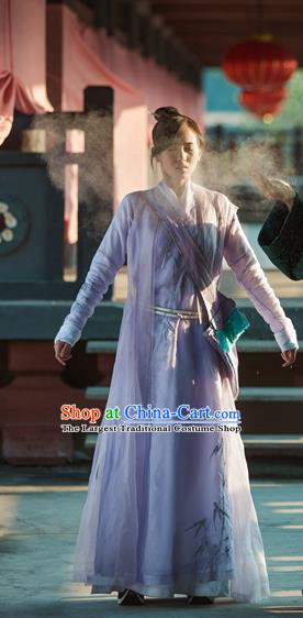 Chinese Ancient Female Swordsman Lilac Dress Historical Drama Pingli Fox Zheng Xuejing Costumes and Hair Accessories