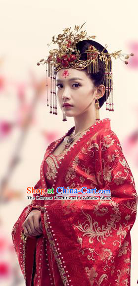 Chinese Ancient Noble Lady Wedding Historical Costumes and Hair Accessories Drama Oh My Emperor Xia Bing Red Dress