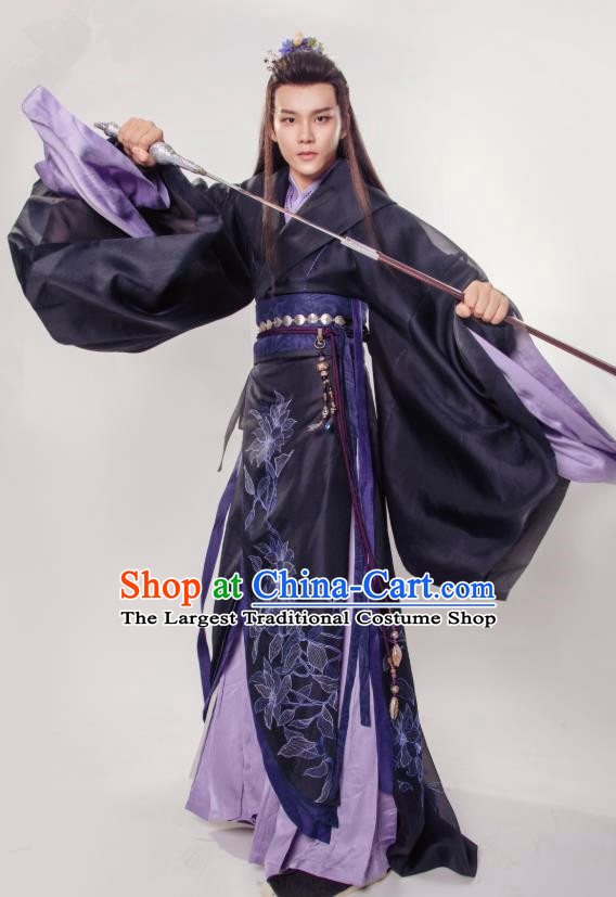 Chinese Ancient Swordsman Black Clothing and Hairdo Crown Drama the Birth of the Dream King Ji Chuan Costumes