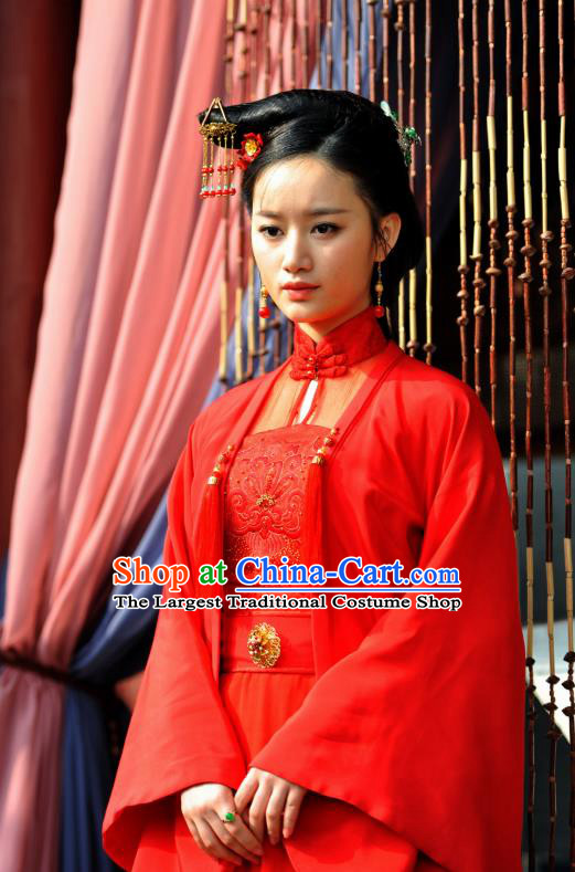 Chinese Ancient Ming Dynasty Courtesan Red Garment and Headpieces Drama The Great Shaolin Li Zhenzhen Costumes