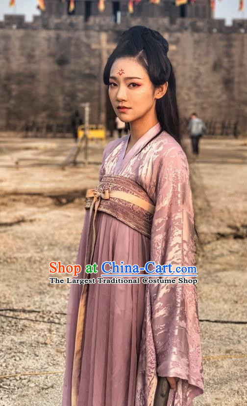 Chinese Ancient Princess Purple Garment Dress and Headdress Drama To Get Her Swordswoman Cha Ruirui Apparels Costumes