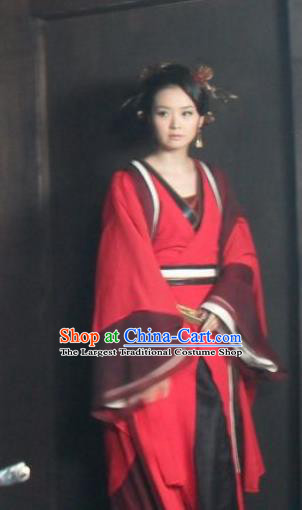 Chinese Ancient Red Apparels Hanfu Dress and Headpieces Drama Butterfly Sword Female Swordsman Gao Jiping Garment Costumes