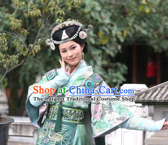 Chinese Ancient Consort Apparels and Headpieces Drama Turbulence of the Mu Clan Costumes Nuo Lan Green Hanfu Dress Garment