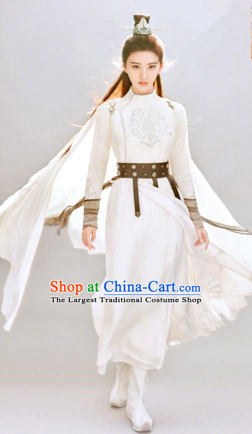 Chinese Ancient Swordswoman Apparels Garment and Hairdo Crown Wuxia Drama The King of Blaze Apparels Qian Mei White Dress Costumes