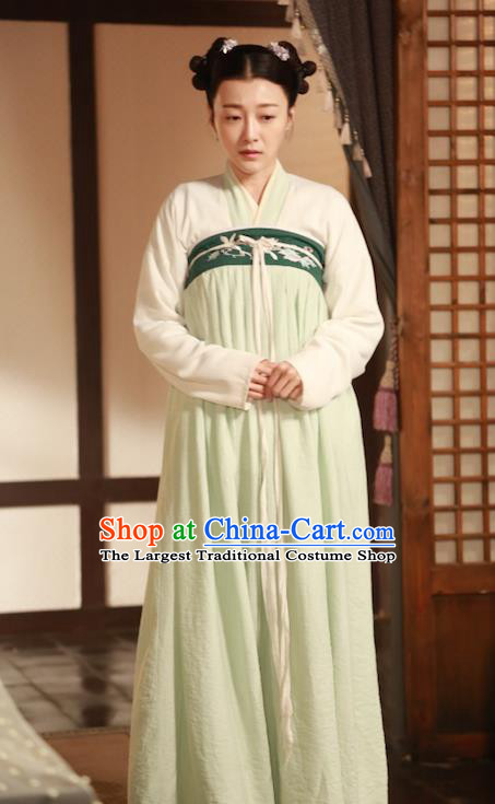 Chinese Ancient Court Maid Apparels Costumes and Headpiece Drama The Starry Night The Starry Sea Maidservant Green Hanfu Dress Garment