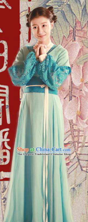 Chinese Ancient Maid Apparels Costumes and Headpiece Drama The Starry Night The Starry Sea Servant Girl Green Hanfu Dress Garment