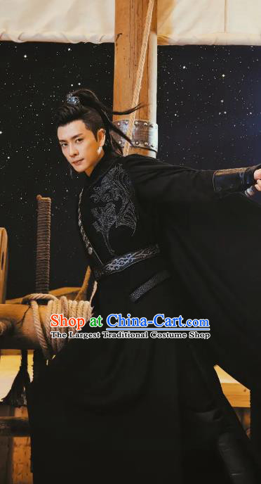 Chinese Ancient Swordsman Black Hanfu Costumes and Headwear Drama The Starry Night The Starry Sea Merman Swordsman Mo Hen Garment Apparels