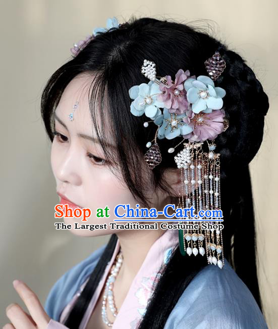 Chinese Ancient Hair Jewelry Accessories Silk Flowers Tassel Hairpins Headwear Headdress for Women