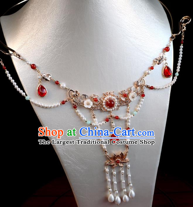 Chinese Ancient Hanfu Beads Tassel Necklace Women Jewelry Ming Dynasty Red Crystal Necklet Accessories