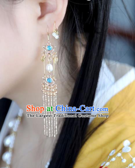 Chinese Ancient Hanfu Blue Crystal Earrings Women Jewelry Ming Dynasty Tassel Ear Accessories