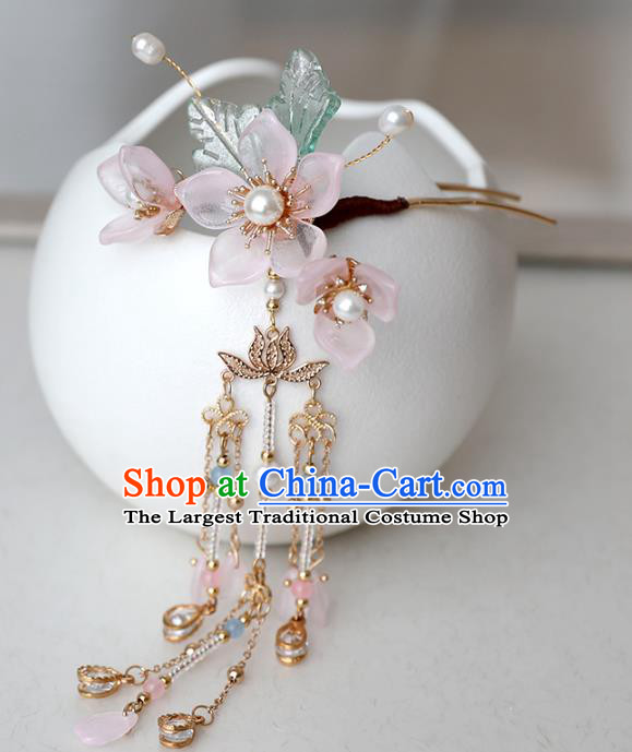 Chinese Ancient Hanfu Pink Peach Flowers Hair Clip Women Headwear Tassel Hairpin Hair Accessories