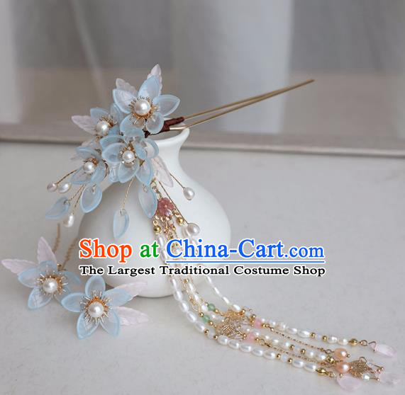 Chinese Ancient Women Blue Flowers Hair Clip Headwear Pearls Tassel Hairpin Hanfu Hair Accessories