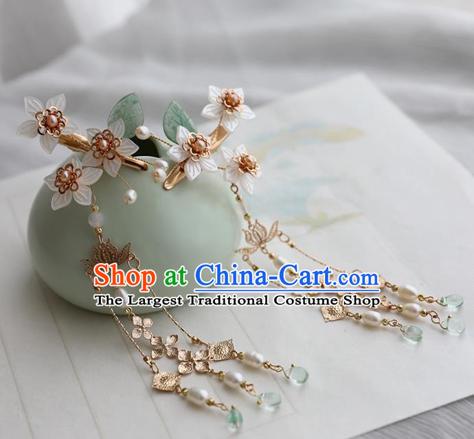 Chinese Ancient Women Shell Flowers Hair Claws Headwear Hairpin Hanfu Pearls Tassel Hair Accessories