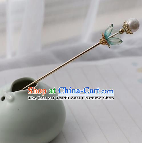 Chinese Ancient Women Green Flower Hair Clip Headwear Hanfu Hair Accessories Hairpin