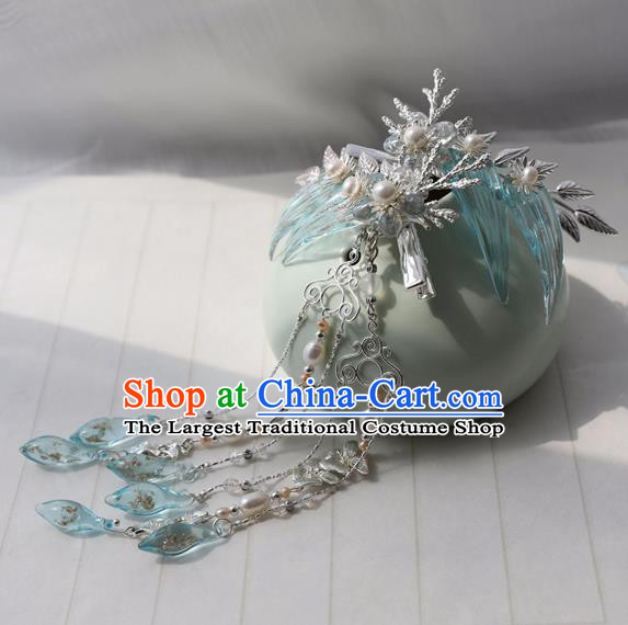 Chinese Ancient Women Blue Bamboo Leaf Hair Claws Headwear Hanfu Hair Accessories Tassel Hair Stick