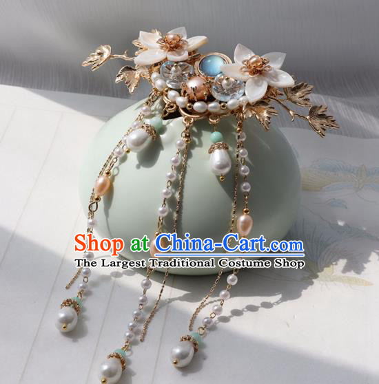 Chinese Ancient Women Shell Flowers Hair Claws Headwear Hanfu Hair Accessories Pearls Tassel Hair Stick