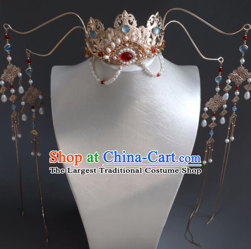 Chinese Ancient Women Hairpin Golden Hair Crown Headwear Hair Accessories Pearls Tassel Hanfu Phoenix Coronet