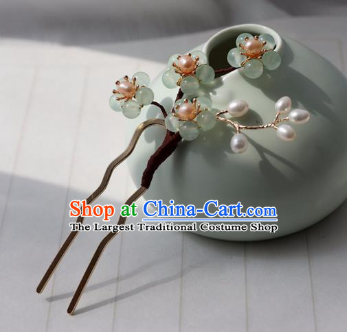 Chinese Ancient Women Green Beads Plum Hairpin Headwear Hair Accessories Hanfu Hair Clip