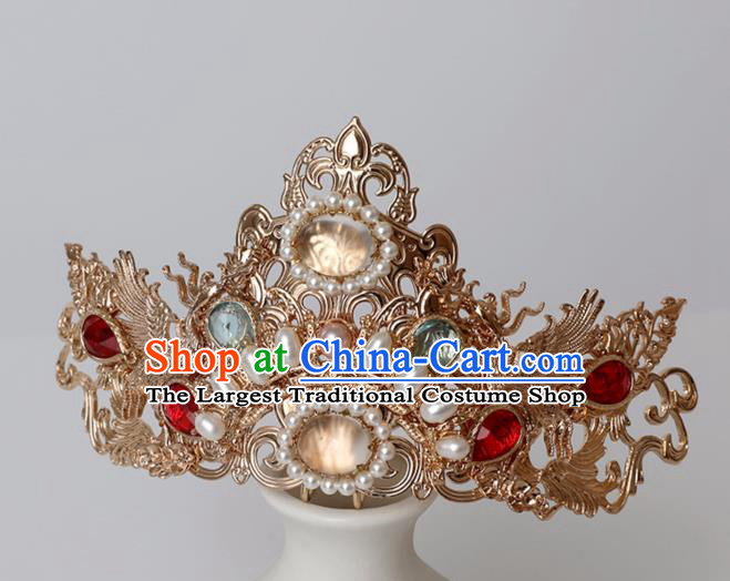 Chinese Ancient Hanfu Pearls Hair Crown Women Headwear Golden Phoenix Hairpin Hair Accessories