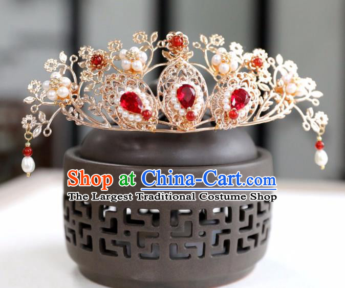 Chinese Ancient Red Crystal Hair Crown Headwear Women Hair Accessories Ming Dynasty Pearls Hairpin Hair Comb