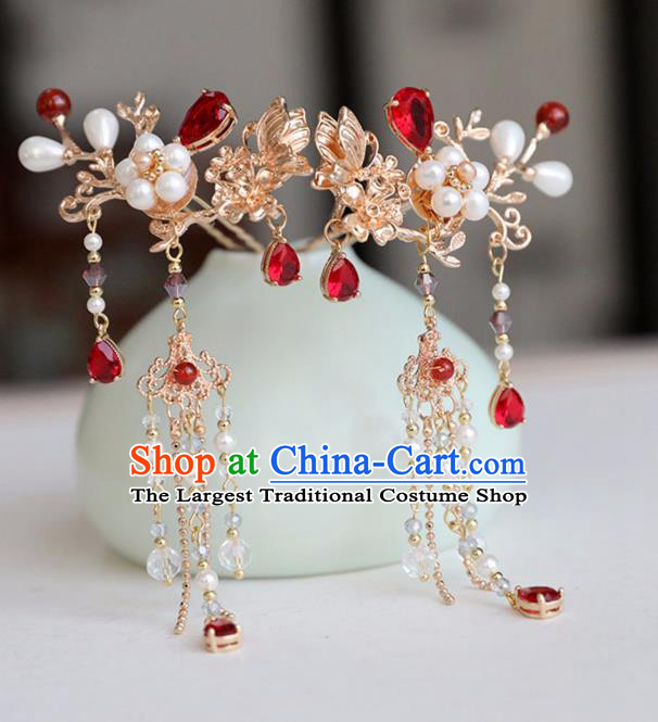 Chinese Ancient Red Crystal Butterfly Hair Clips Headwear Women Hair Accessories Ming Dynasty Pearls Golden Tassel Hairpin