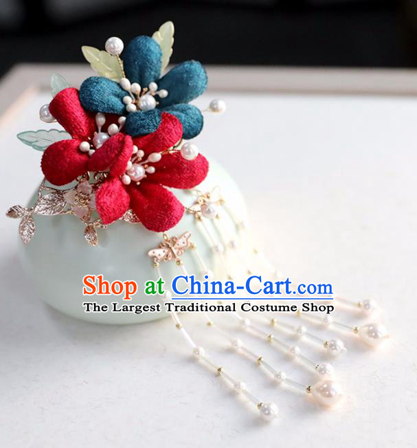 Chinese Ancient Red Silk Flowers Hair Claws Ming Dynasty Headwear Women Hair Accessories Tassel Hair Stick Hairpin