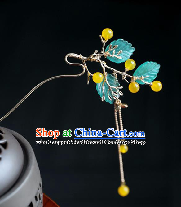 Chinese Ancient Princess Yellow Beads Leaf Hair Clips Ming Dynasty Headwear Women Hair Accessories Tassel Hairpins